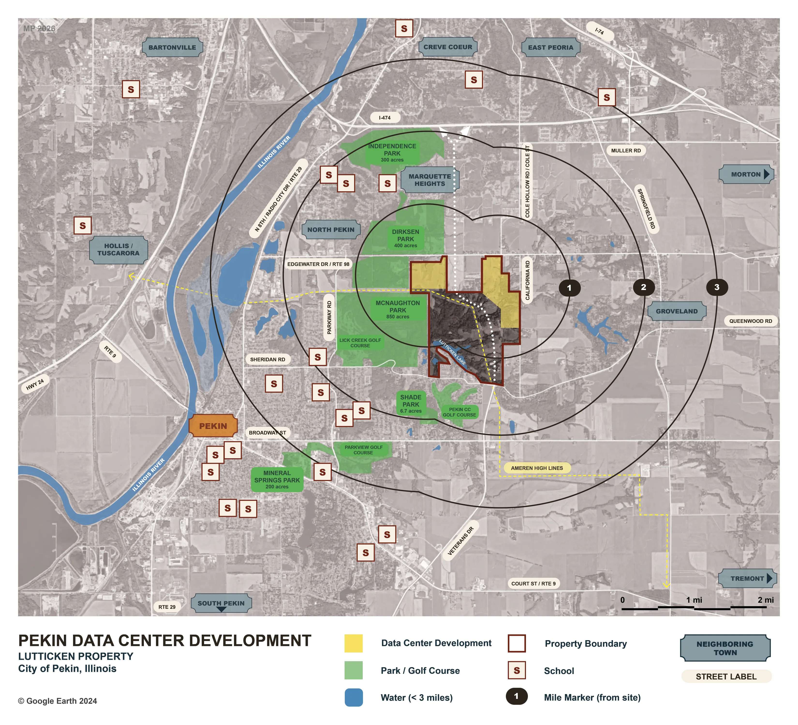 Map showing the proposed Pekin data center site on the Lutticken Property with 1, 2, and 3 mile impact radii, nearby schools marked as GS (grade school) and HS (high school), parks, golf courses, and neighboring communities including Groveland, Morton, Tremont, and South Pekin.